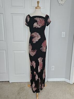 Black and Pink Feather Print Gown | Maxi Dress with Pink Feather Motif Size L